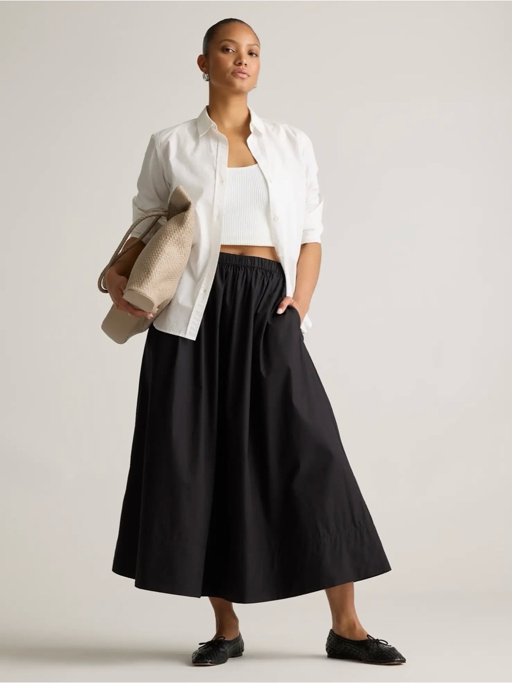 Quince Black Maxi Gathered-Waist Skirt
